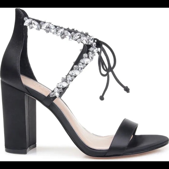 Badgley Mischka embellished black satin sandals. - Picture 3 of 7